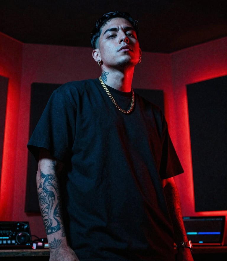 Low-angle heroic portrait of a Mexican trap artist in a dark recording booth, neon red backlighting, dramatic shadows, sharp highlights, gritty urban photography.