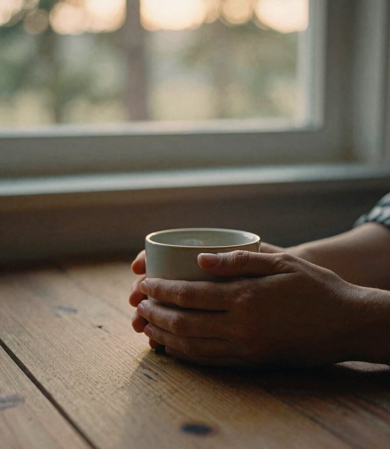 Warm editorial portrait of hands gently holding a ceramic mug on a wooden table, soft golden-hour window light filtering through Georgia pines in the background, intimate 35mm film aesthetic.