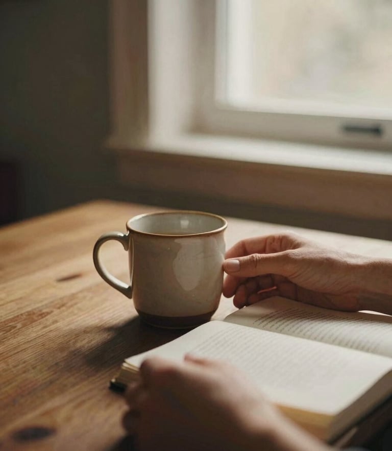 Soft diffused window light filtering onto a wooden table with a warm ceramic mug, hands holding a journal, earthy muted tones, 35mm film aesthetic