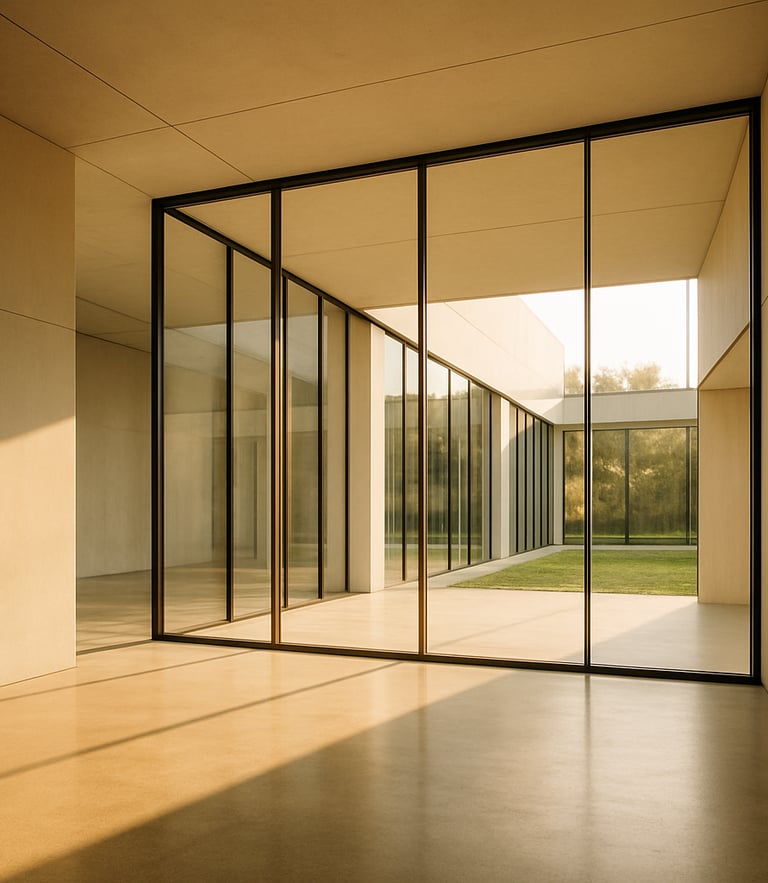A sun-drenched modern architectural interior with high ceilings, polished concrete floors, and pristine minimalist glass walls, shot in warm morning light, 35mm lens.