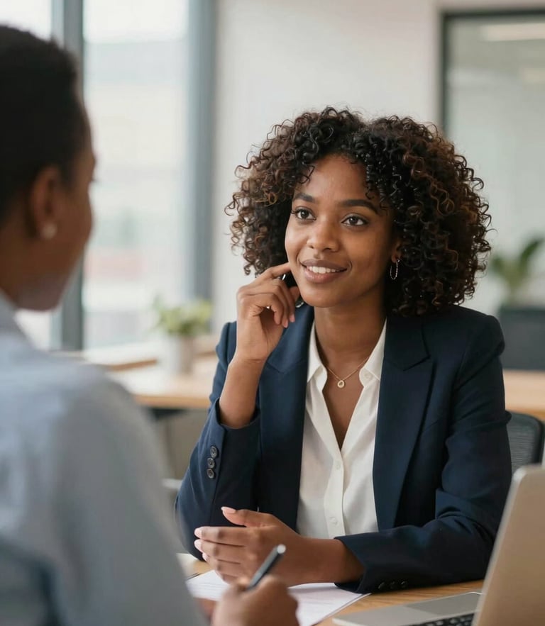 Medium-close shot of a young West African professional woman discussing career options with a mentor in a bright, modern Abidjan office. Warm natural daylight, professional and encouraging atmosphere, high clarity, realistic.