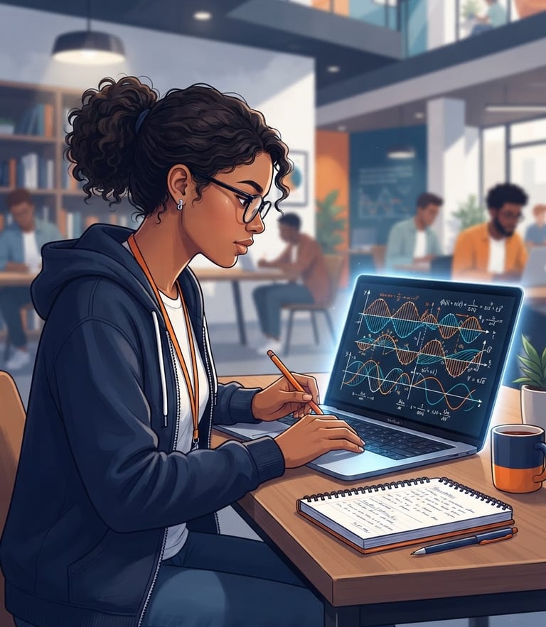 Clean semi-realistic digital illustration of a student analyzing a physics diagram on a glowing screen, navy and orange accents, soft studio lighting, modern educational aesthetic
