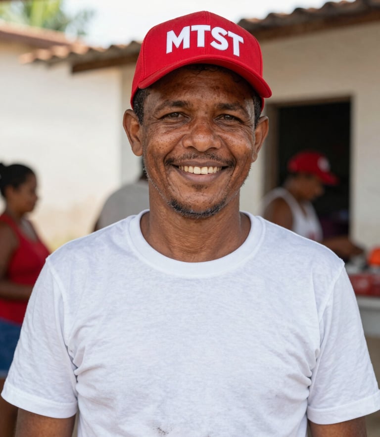 Authentic portrait of an MTST activist wearing the official red cap, smiling warmly in a community kitchen in Rio de Janeiro, bright natural daylight, 35mm lens.