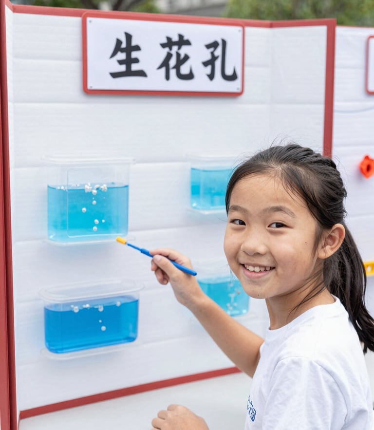A bright candid photo of a 10-year-old girl smiling next to her school science fair display board about water filtration, natural daylight.