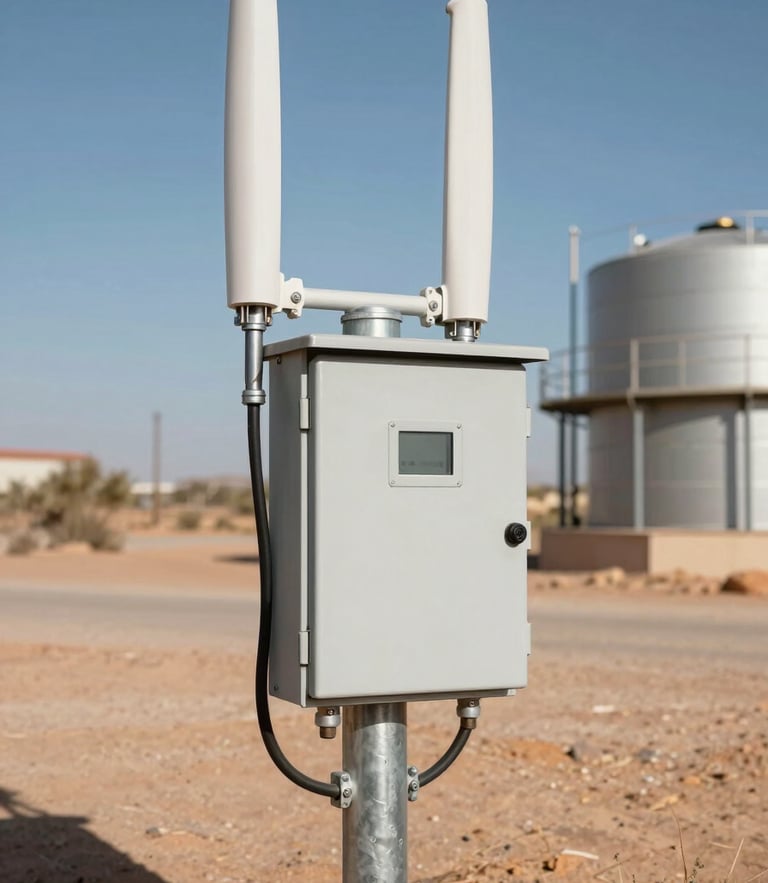 Rugged industrial telemetry control box with cellular antenna, mounted on a galvanized steel post next to a rural water tank, harsh desert sun, high-contrast shadows.
