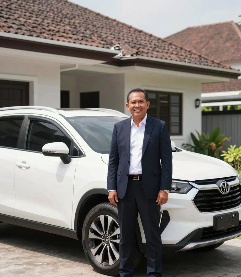 Medium eye-level shot of an Indonesian business owner smiling beside a clean modern SUV parked in front of a bright, sunlit family home, natural daylight, high-trust atmosphere.