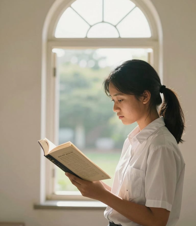 A serene Indonesian student reading a classical book near an elegant arched window, soft natural morning light, warm cream tones, 35mm lens