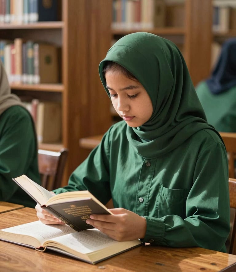 A focused young Muslim student in a green uniform reading a classical book in a sunlit wooden library, warm editorial photography, 35mm lens.