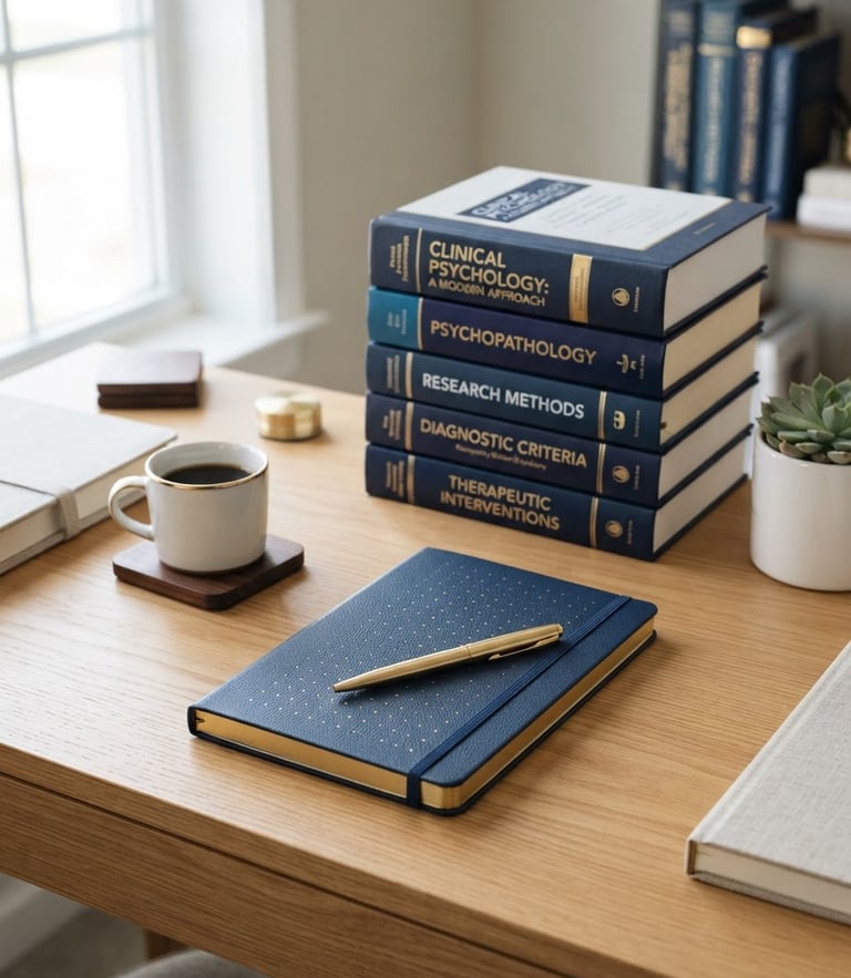 A structured study desk with a navy leather notebook, gold pen, and clinical psychology books under bright natural studio light, 35mm