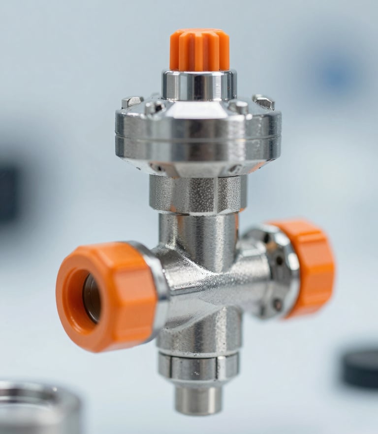 Close-up macro shot of a stainless steel high-pressure sampling valve, clean industrial setting, cool steel tones with safety orange accents, sharp technical focus