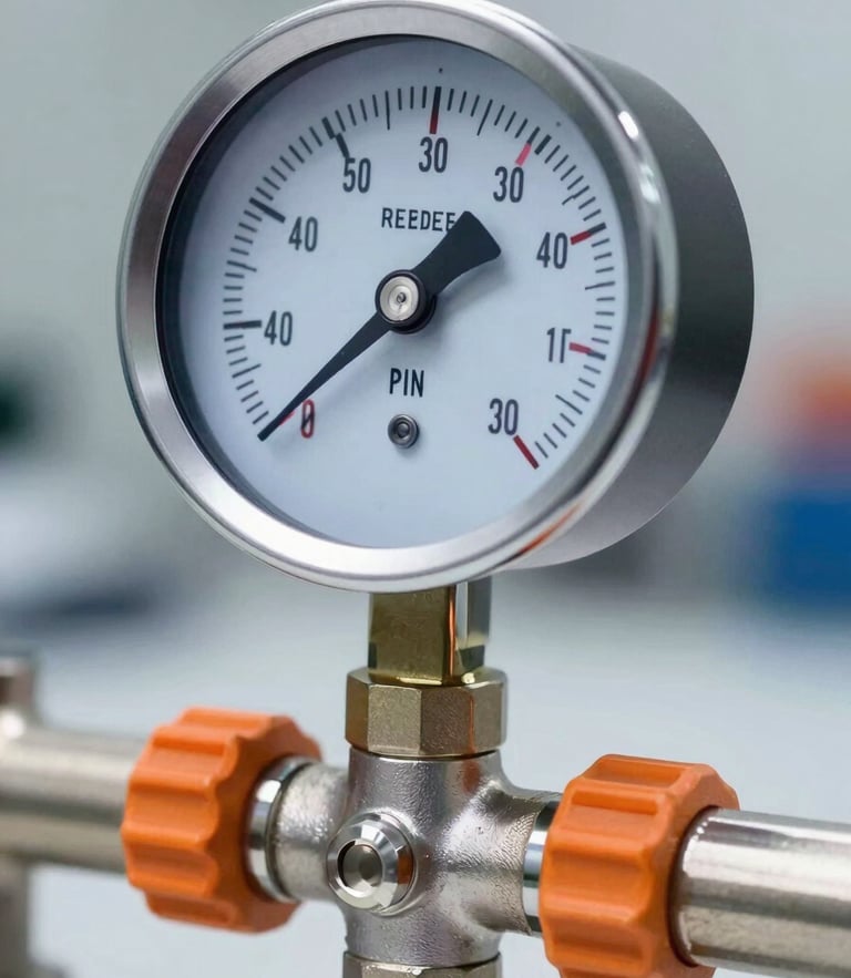 Macro shot of a pressure testing gauge showing high PSI readings, steel pipe connection, sharp focus, industrial quality control