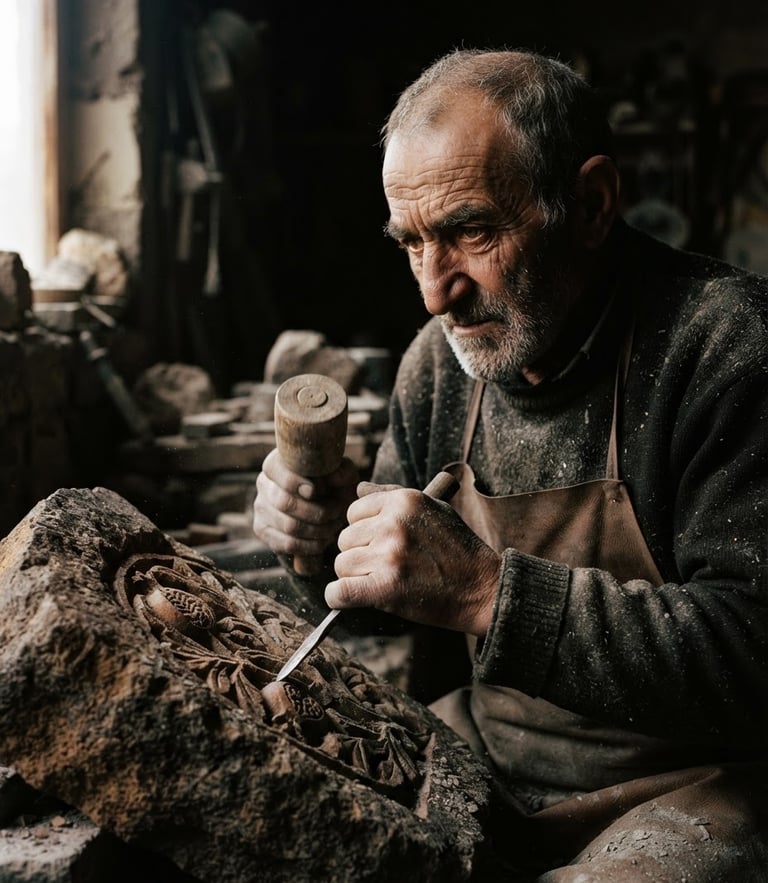 A close-up archival portrait of an elder artisan carving stone, high-contrast natural side-lighting, deep obsidian shadows, warm stone tones, 35mm.
