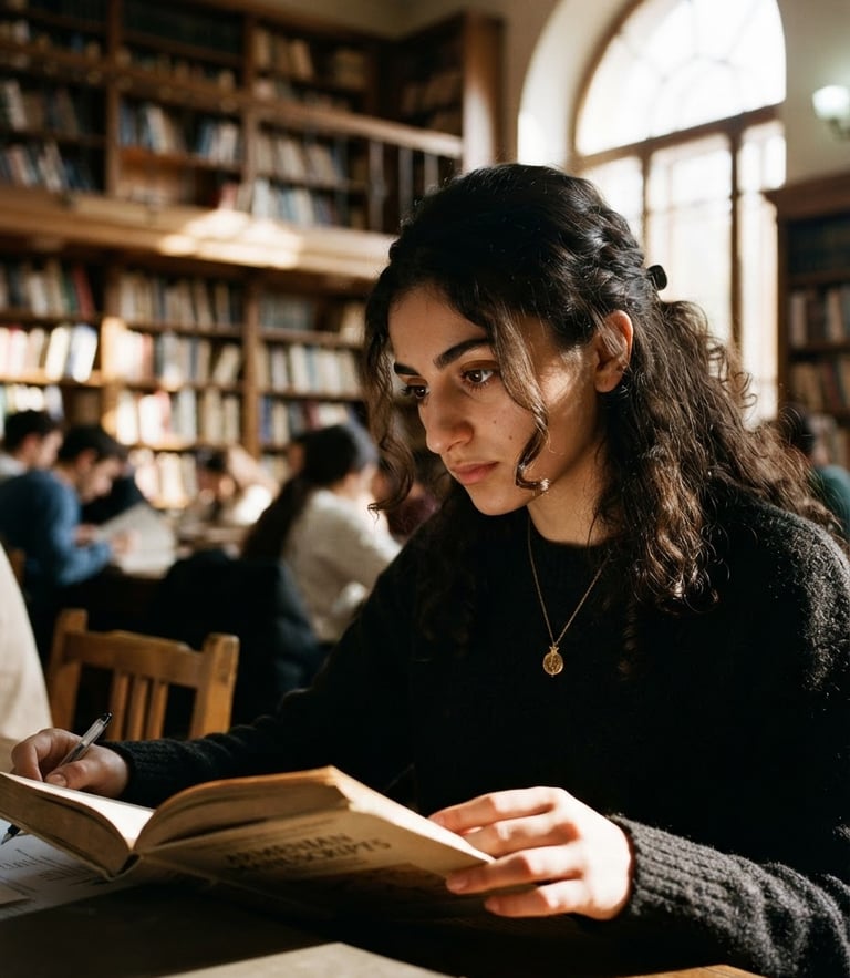 A close-up portrait of a young Armenian-American scholar in a sunlit university library, natural high-contrast side-lighting, expressive eyes, editorial documentary style, 35mm