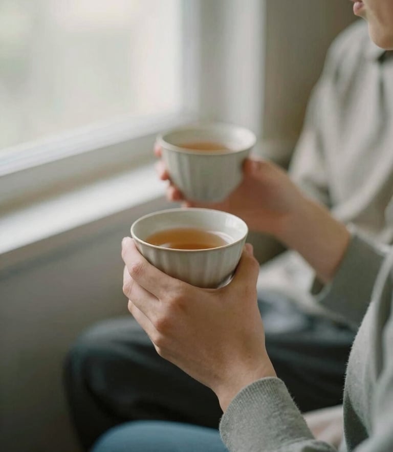 A quiet, close-up shot of two people in soft window light, one holding a warm cup of tea, muted sage and earthy tones, shallow depth of field, 35mm film.