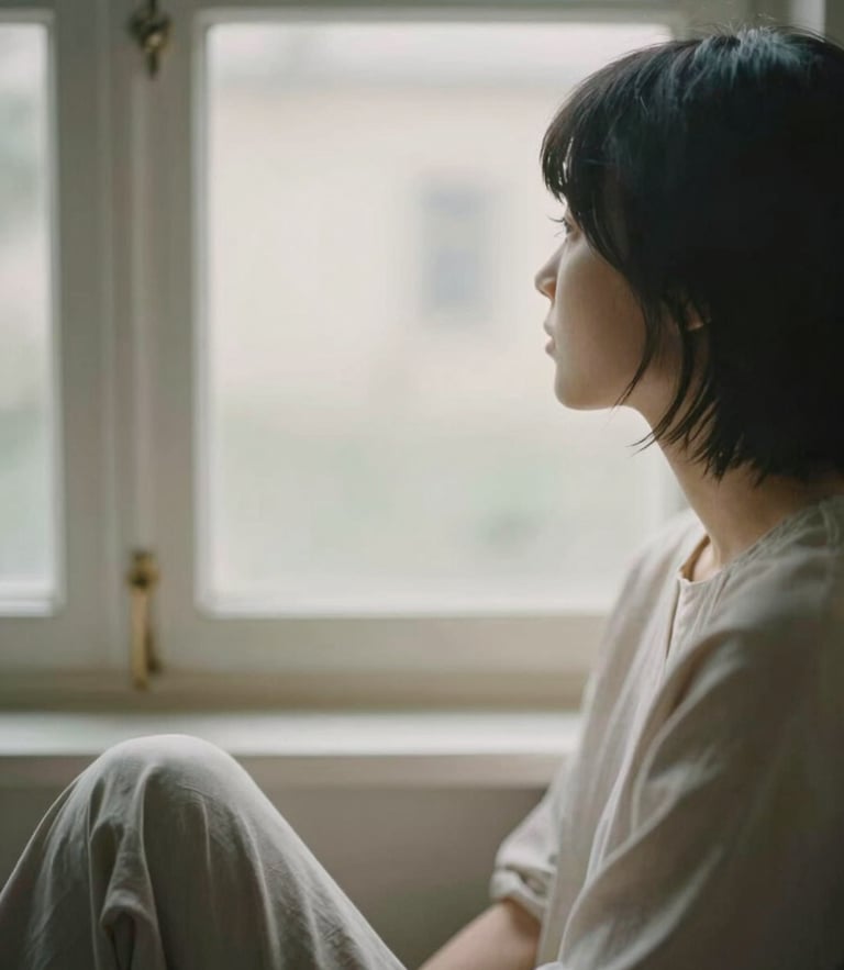 A person sitting quietly in a soft-lit room, looking out a window with diffused natural light, muted sage and earthy tones, shallow depth of field, 35mm film.