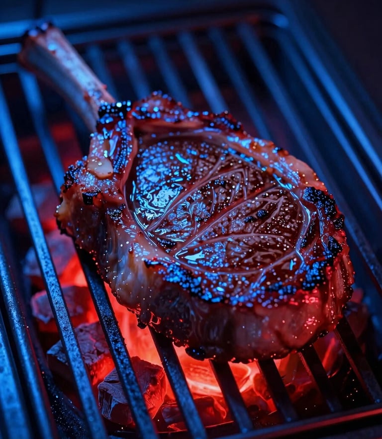 Extreme close-up of a premium ribeye steak on a dark metal grate, glowing red embers below, sharp electric blue neon side-lighting, high contrast, macro photography.