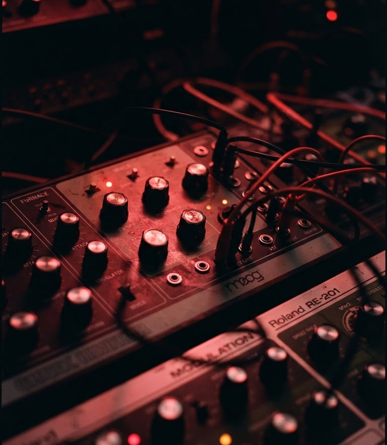 Cinematic close-up of analog musical gear in a dark studio, harsh red neon light reflecting on metallic dials, heavy film grain, 35mm lens