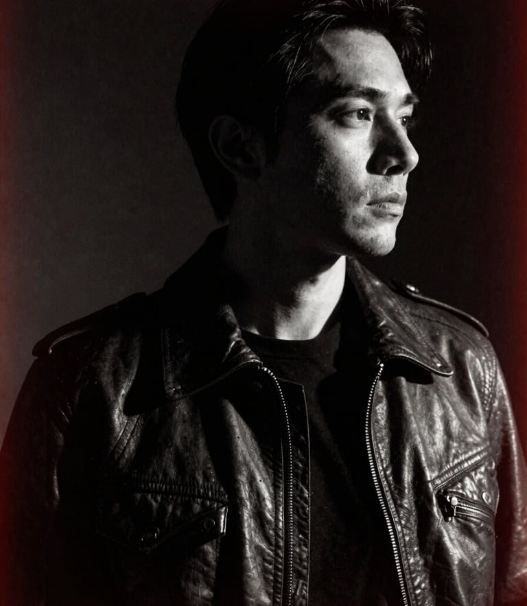 High-contrast black and white portrait of an artist in a leather jacket, looking away, dark shadows, warm tungsten backlight, subtle grain, artistic film aesthetic.