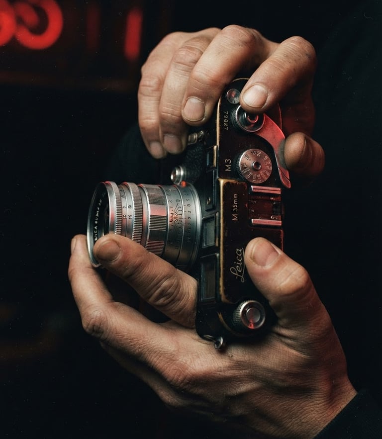 Cinematic close-up of a vintage 35mm film camera held by hands, warm tungsten light, heavy analog film grain, dark studio background, red neon reflection.