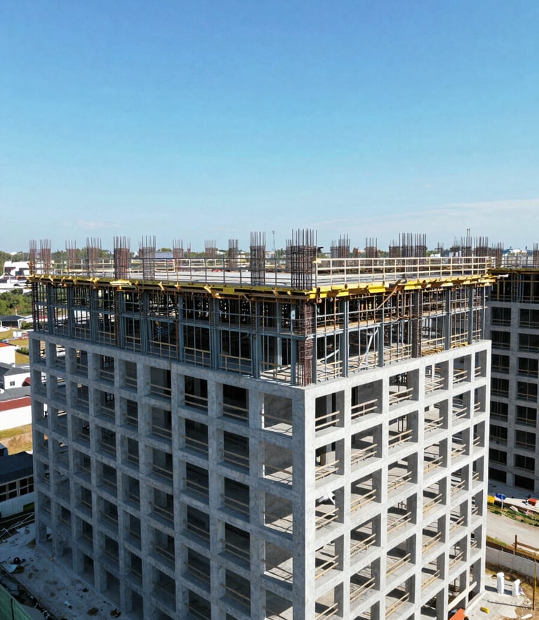 Wide-angle drone shot of a modern multi-family development under construction, raw steel framing exposed against a crisp blue sky, bright daylight.