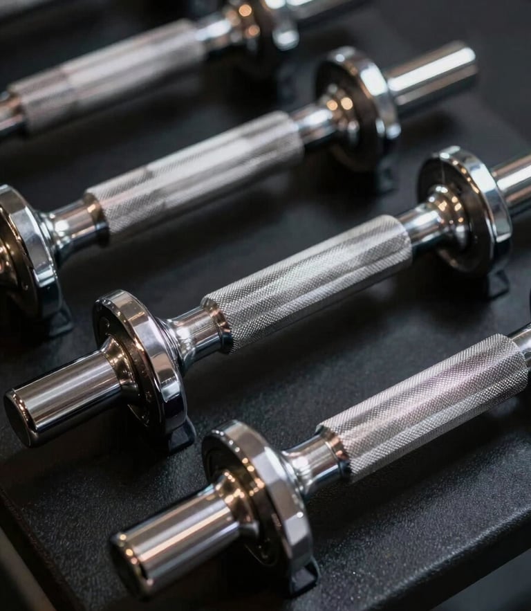 Dramatic side-lit close-up of heavy knurled barbells resting on a matte black rack, high-contrast shadows highlighting the metallic texture.