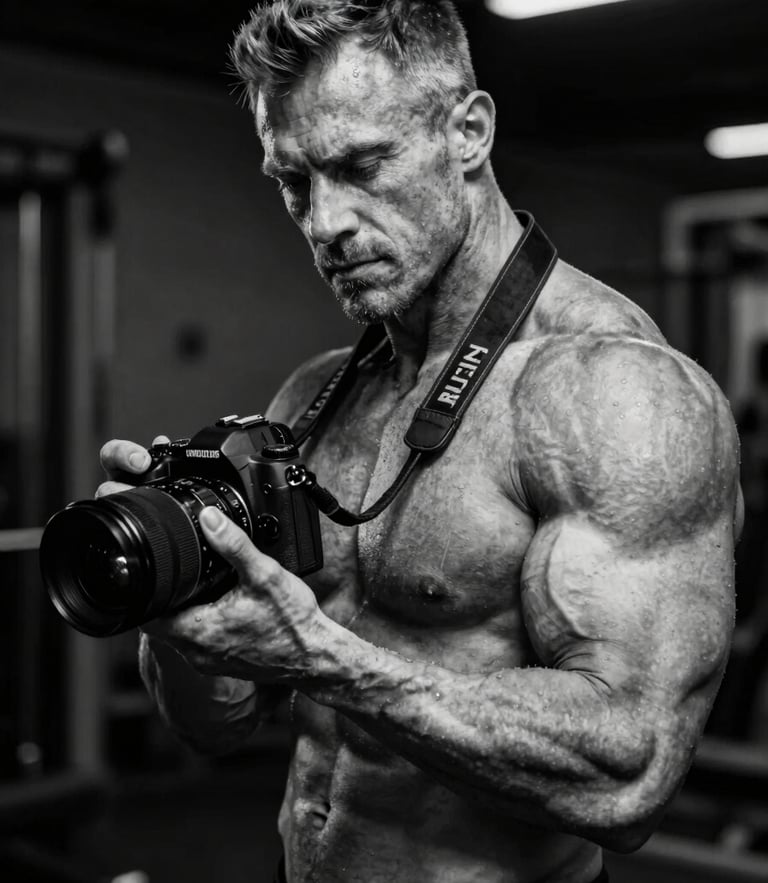 High-contrast black and white portrait of founder Collins, a competitive physique athlete holding a professional camera, low-key side lighting