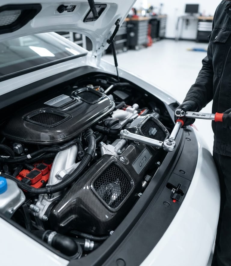 Sharp macro shot of a clean Porsche engine bay under high-key white workshop lighting, carbon fiber covers, torque wrench visible on the side, crisp depth of field, 50mm lens