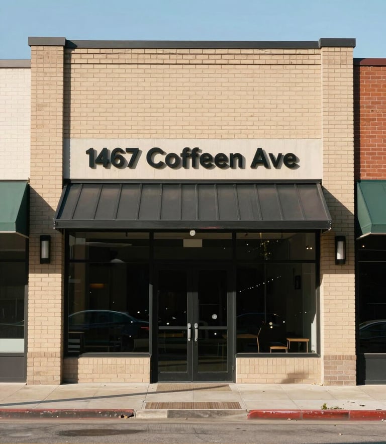 Straight-on architectural elevation of 1467 Coffeen Ave commercial building, clean brick and steel facade, bright natural daylight, crisp shadows