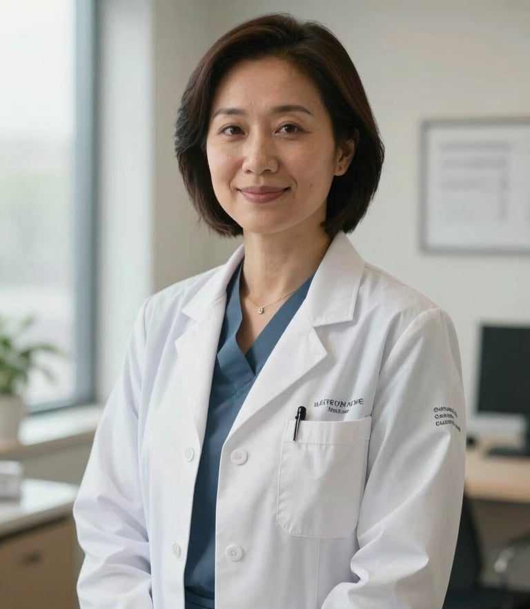A clean, bright portrait of a licensed naturopathic doctor in a modern clinical consulting room, natural daylight, professional attire.