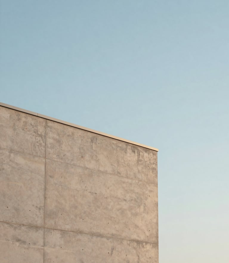 Minimalist architectural detail of a concrete wall meeting a clear sky, soft morning daylight, high negative space, clean lines.