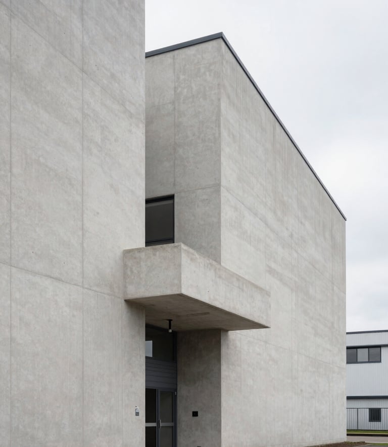 An architectural crop of a modern British distribution facility, clean concrete lines, soft diffused overcast daylight, quiet and structured composition