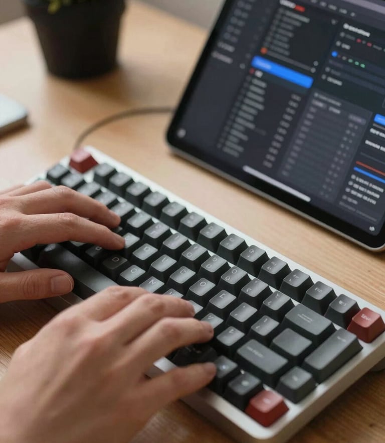 Tight macro crop of hands typing on a mechanical keyboard next to a tablet displaying a dark-mode workflow dashboard, warm natural ambient light, authentic small business workspace.