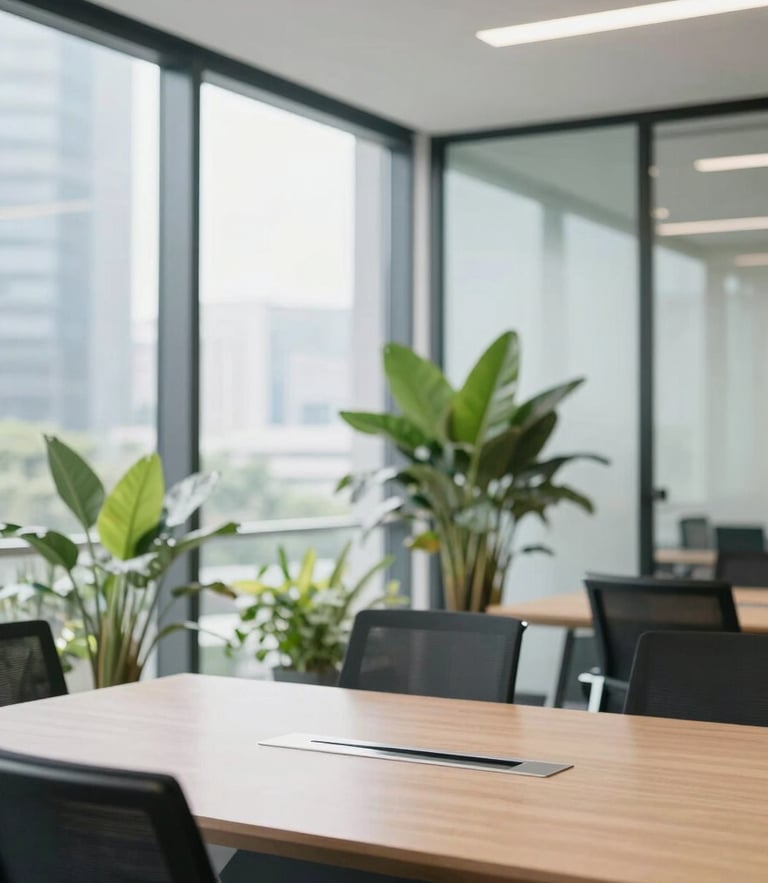 Bright modern office interior in Jakarta with glass walls, green plants, and a professional meeting table under soft natural light