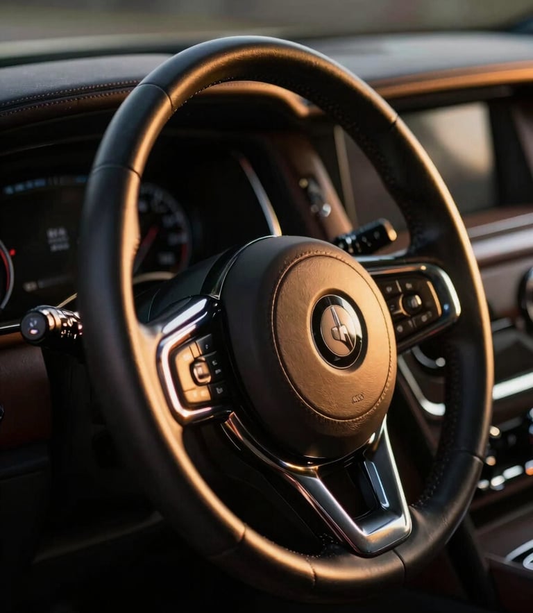 Cinematic close-up of a luxury vehicle steering wheel and polished dashboard, warm golden hour light reflecting on leather, dark charcoal tones, sharp focus, 35mm