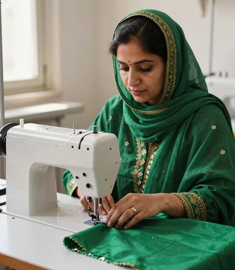 A proud Pakistani woman sitting at a modern sewing machine in a brightly lit workshop, guiding emerald green fabric under the needle, focused expression, warm natural daylight.