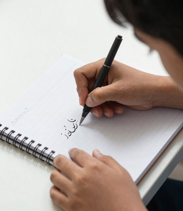 Close-up of hands guiding a young student's hand as they write Urdu characters in a clean, new notebook, bright natural light, focused and dignified