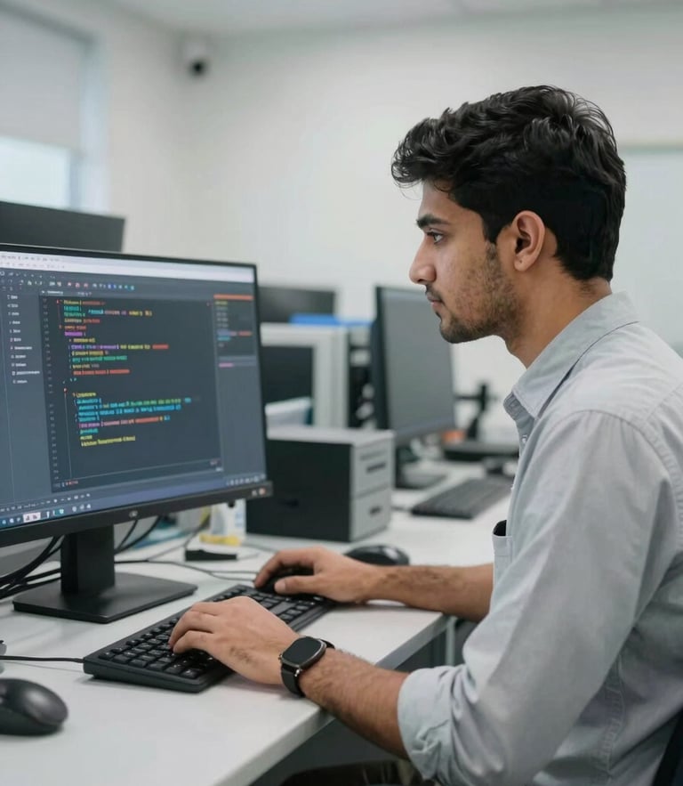 A young Pakistani man in a clean, modern IT lab, looking proudly at a computer screen displaying code and graphic layouts, soft indoor lighting, professional atmosphere.