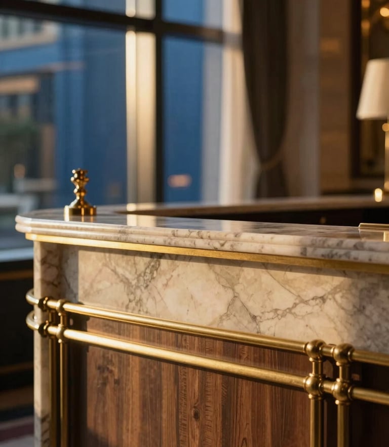 A close-up of a luxury hotel concierge desk, warm golden-hour light filtering through high windows, elegant marble and brass details, editorial lifestyle photography, 35mm