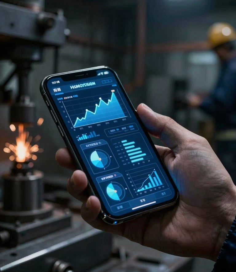 Dramatic close-up of a modern smartphone screen displaying an electric blue industrial dashboard with real-time graphs, held by a plant manager in a dark, moody metalworking factory with soft sparks in the background.