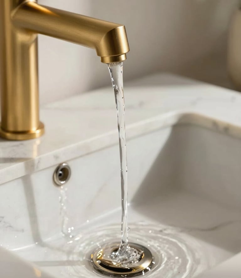 Close-up of water falling from a brushed gold fixture into a custom honed marble sink, soft morning light, elegant shadow lines.