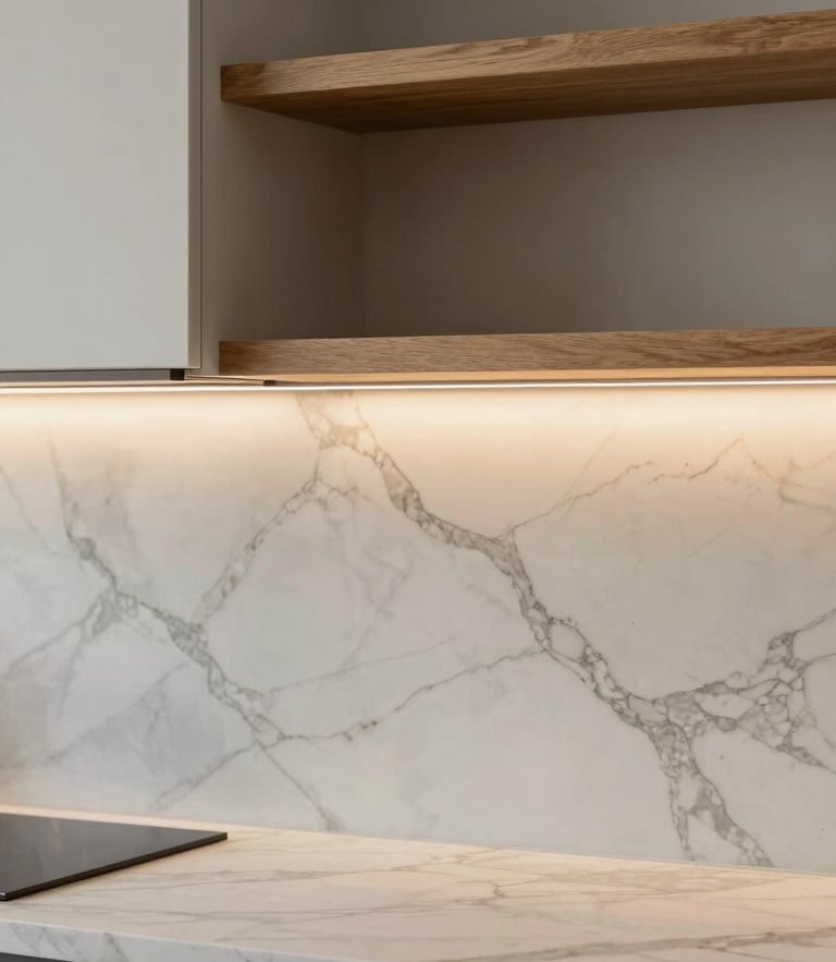 Straight-on architectural crop of a kitchen corner, bookmatched marble veins on the countertop, warm integrated lighting glowing under custom oak shelves, soft diffused daylight.