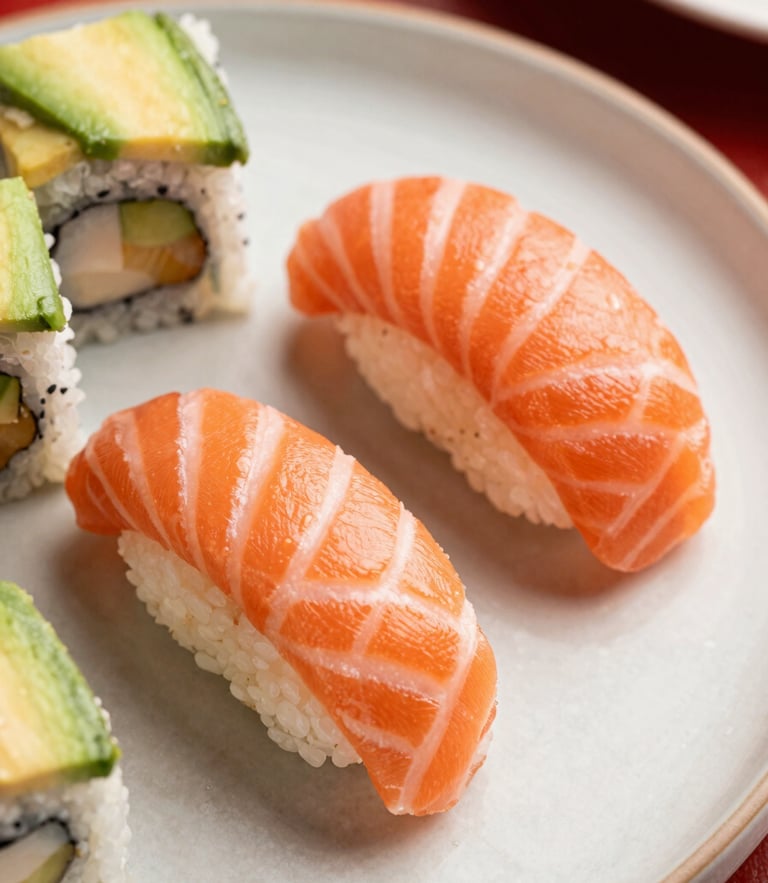 Overhead macro shot of fresh salmon nigiri and avocado rolls on a clean ceramic plate, bright natural light, rich red accents