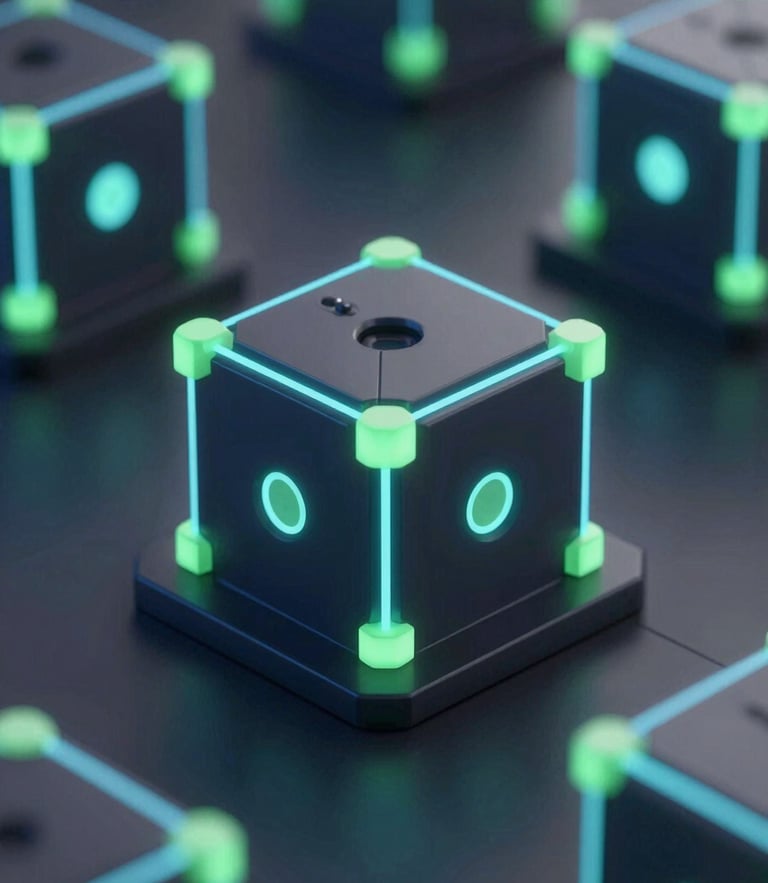 Sleek 3D render of glowing neon blue and green geometric data structures, dark tech aesthetic, secure network node, sharp focus, octane render