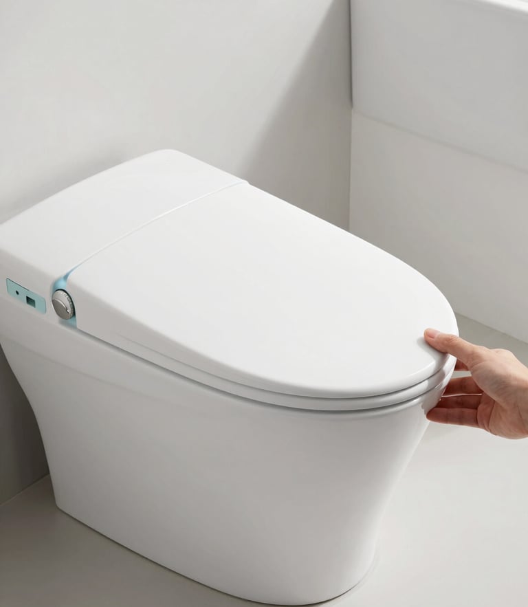 Sleek mobile bidet held in a hand, bright natural daylight, soft water-blue and white tones, minimalist bathroom setting, 50mm