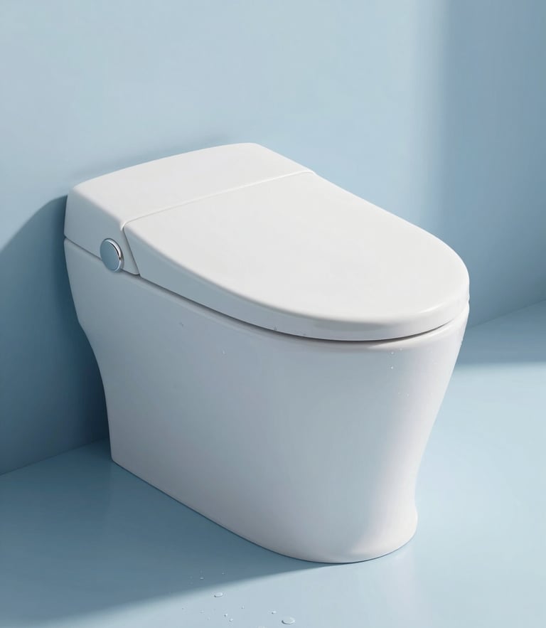 Sleek matte mobile bidet standing on a clean light-blue surface with delicate water droplets, bright natural daylight, soft shadows, 50mm