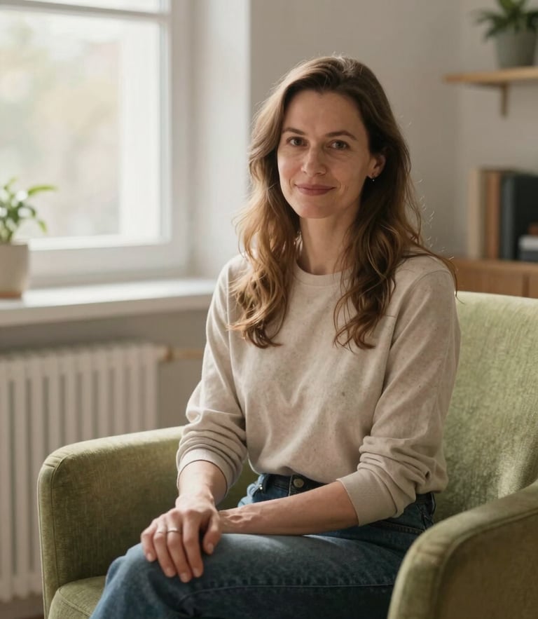A professional, warm portrait of female psychotherapist Katarzyna Bork in her bright, serene office, sitting in a soft green armchair near a window with gentle morning light, shallow depth of field.
