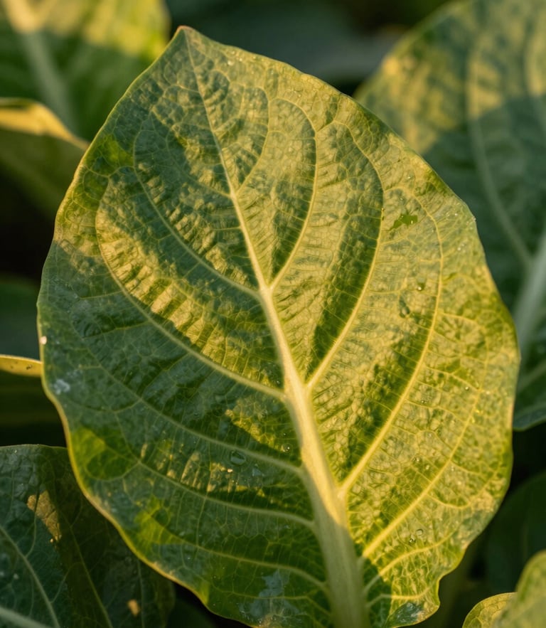 Close-up of a high-resolution green crop leaf with detailed textures, warm golden hour sunlight, shallow depth of field, premium agritech photography