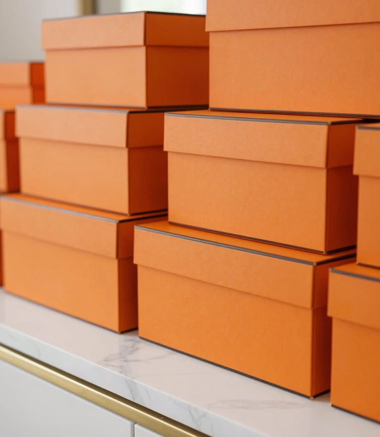 Elegant close-up of pristine orange luxury shopping boxes stacked neatly on a white marble counter under soft daylight, 35mm