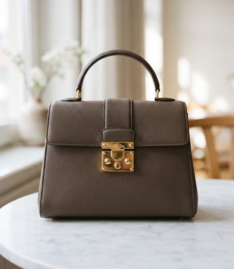 Elegant close-up of a designer gold-clasped handbag resting on a clean marble table, soft natural daylight casting shadows, 35mm editorial photography