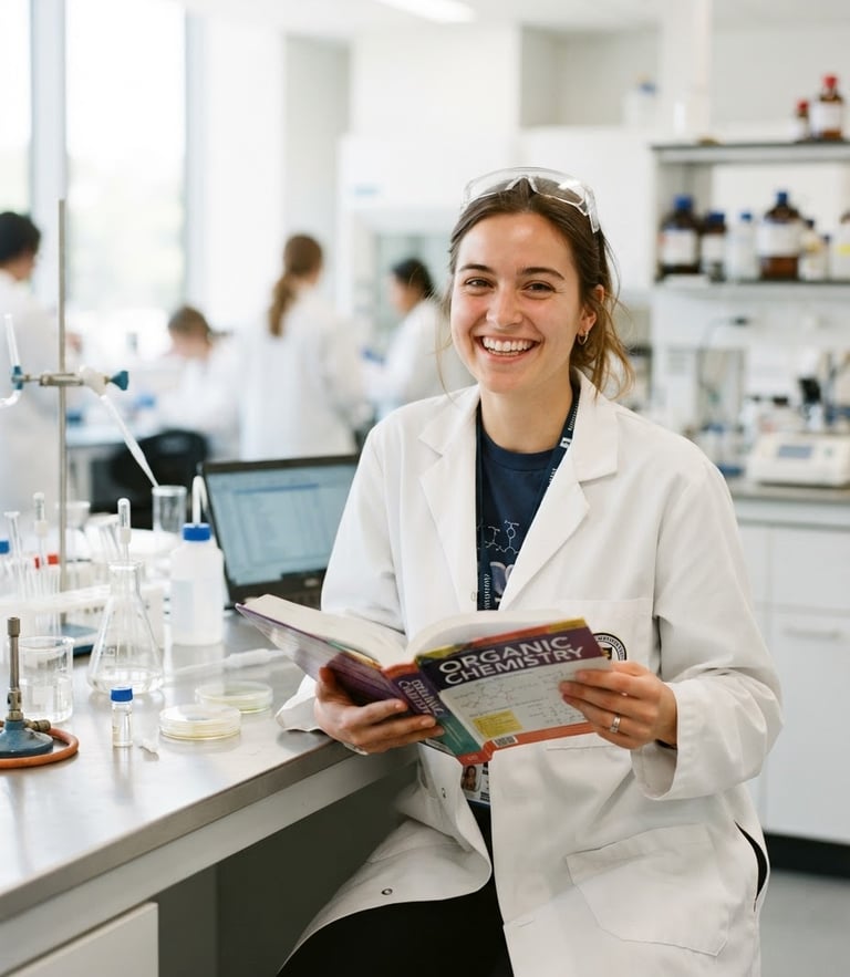 Bright high-key photography of a university student smiling in a clean laboratory setting, wearing a white lab coat, holding a textbook, natural campus light, 35mm